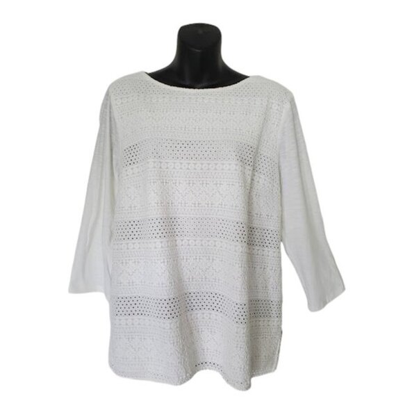 J. Jill White 3/4 Sleeve Tunic Tee w/ Embroidered Front Overlay - Size PL - Picture 2 of 9